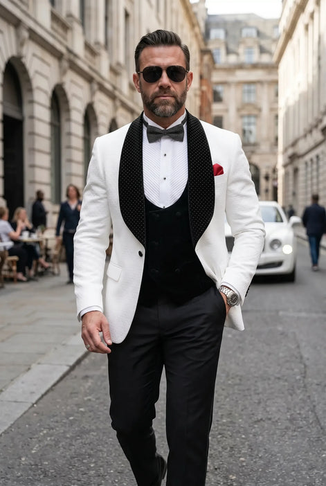 Glacier Masterpiece - White Jacquard Velvet 3-Piece Tuxedo