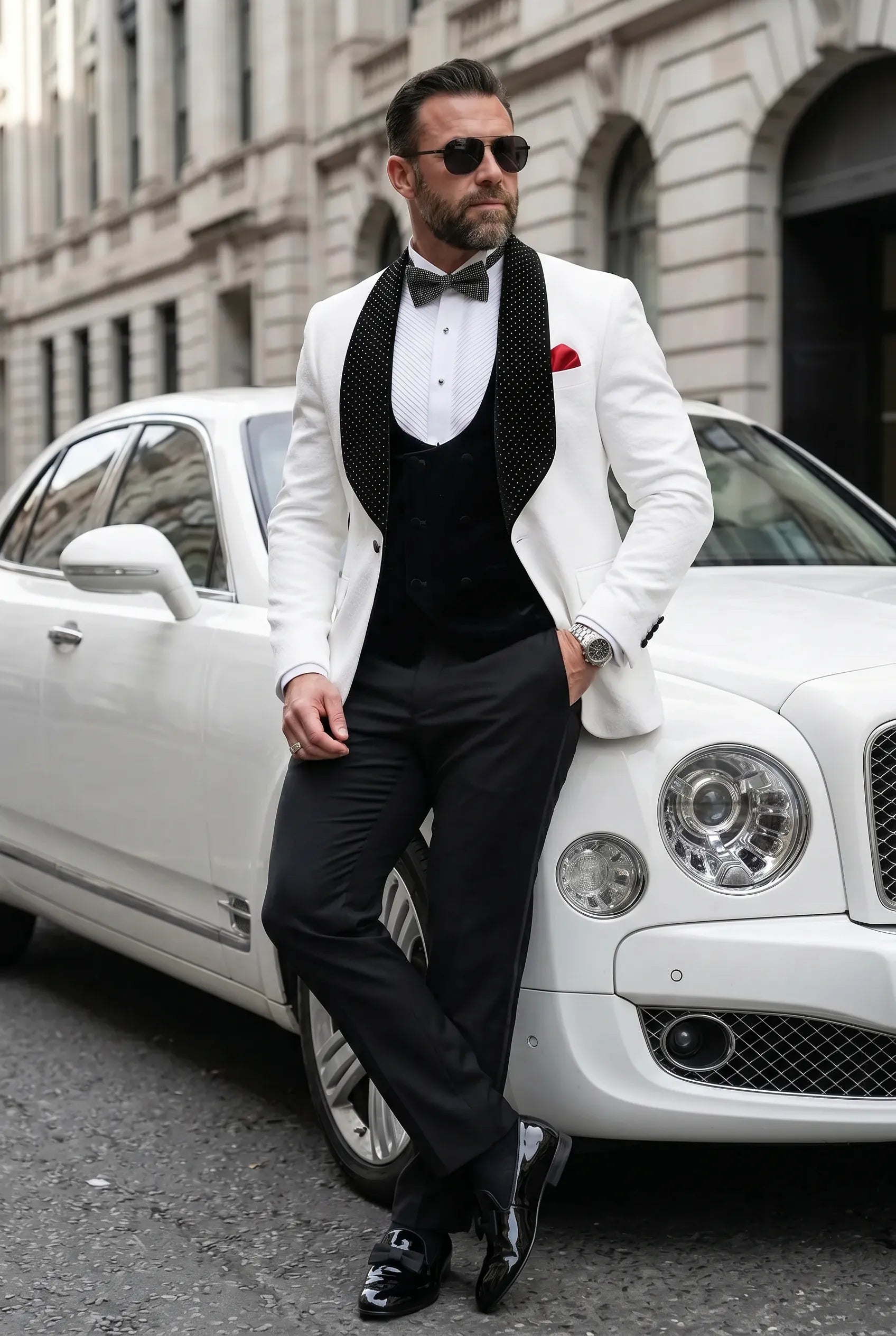 Glacier Masterpiece - White Jacquard Velvet 3-Piece Tuxedo