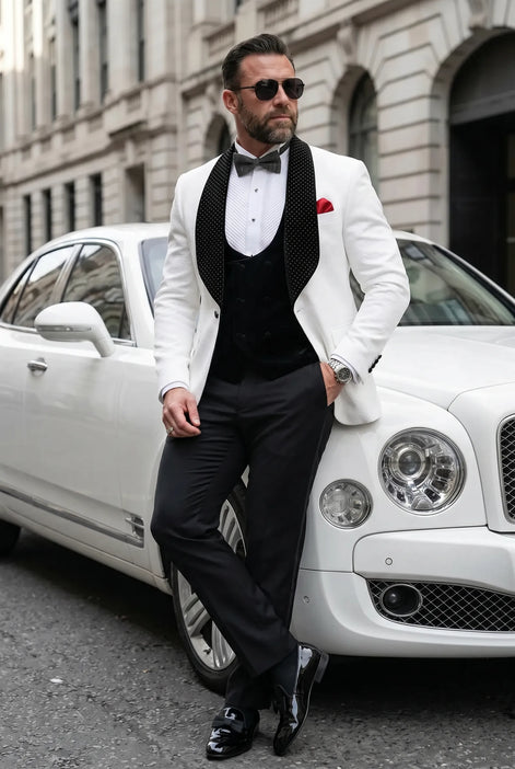 Glacier Masterpiece - White Jacquard Velvet 3-Piece Tuxedo