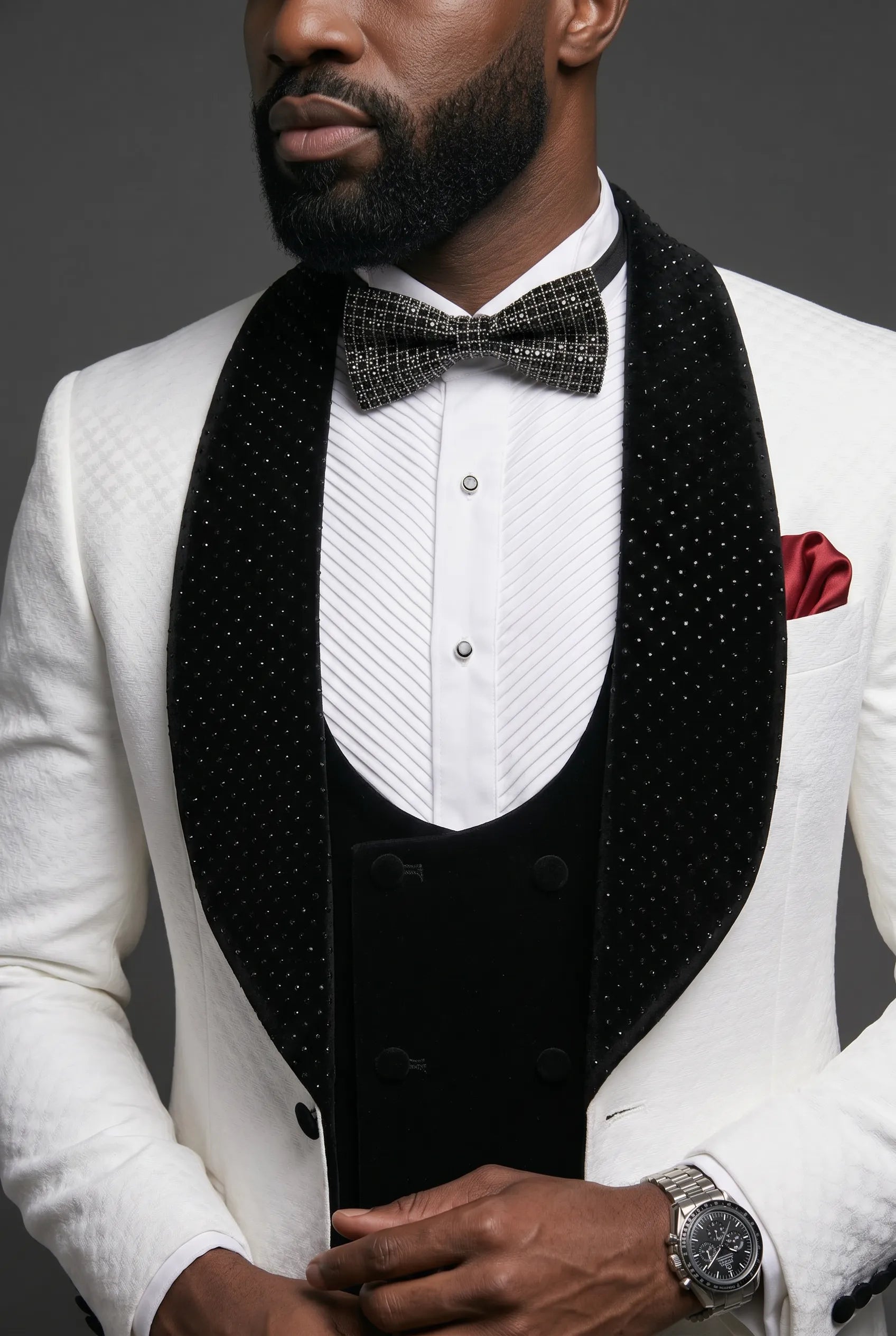 Glacier Masterpiece - White Jacquard Velvet 3-Piece Tuxedo