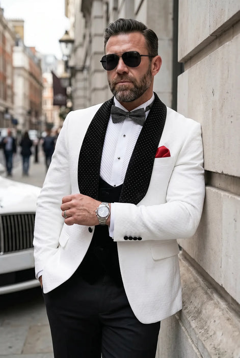 Glacier Masterpiece - White Jacquard Velvet 3-Piece Tuxedo