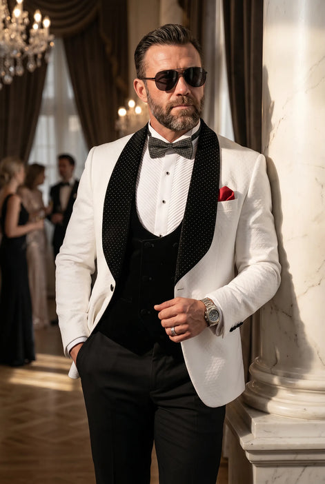 Glacier Masterpiece - White Jacquard Velvet 3-Piece Tuxedo
