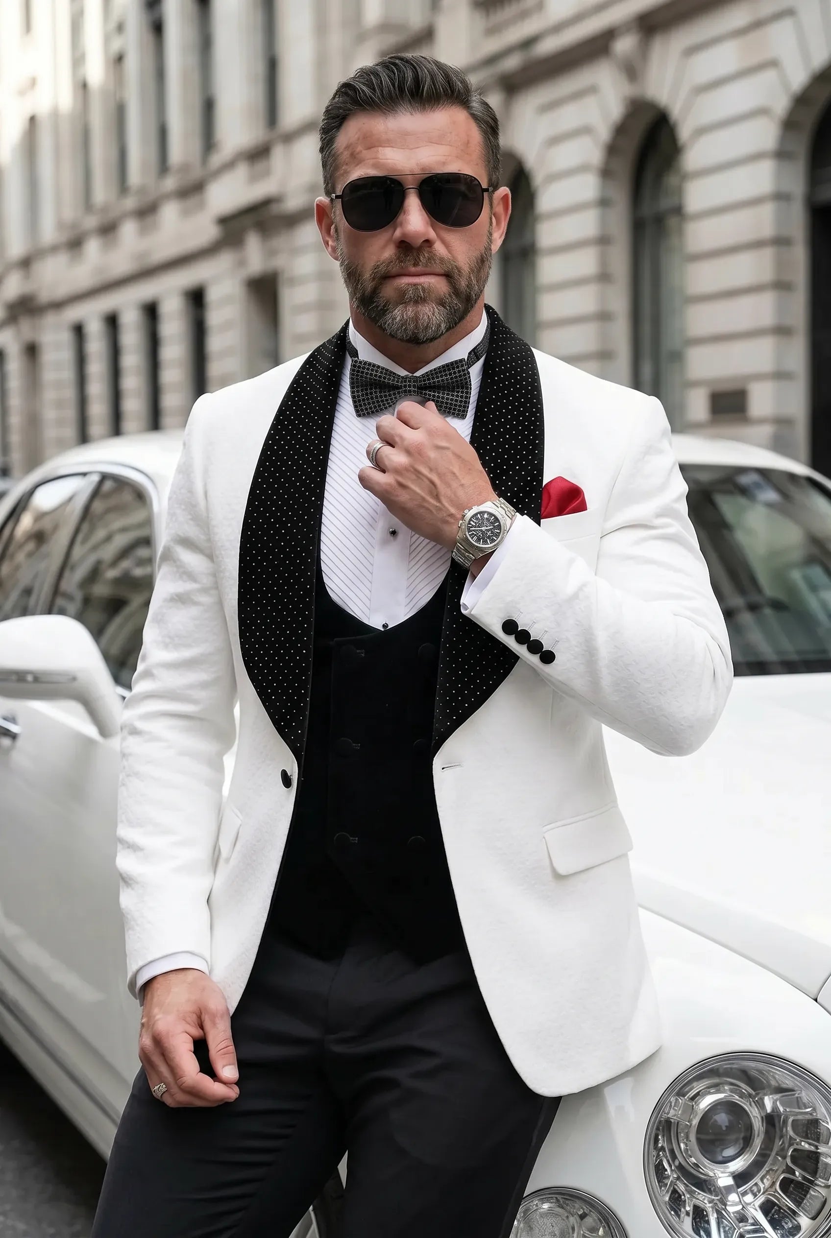 Glacier Masterpiece - White Jacquard Velvet 3-Piece Tuxedo