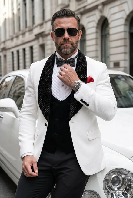 Glacier Masterpiece - White Jacquard Velvet 3-Piece Tuxedo