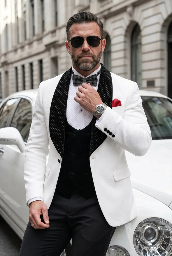 Glacier Masterpiece - White Jacquard Velvet 3-Piece Tuxedo