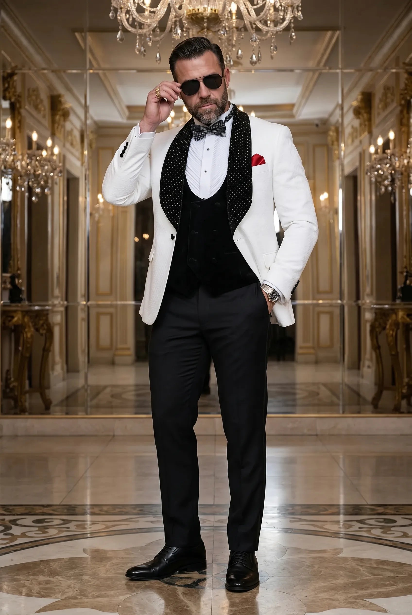 Glacier Masterpiece - White Jacquard Velvet 3-Piece Tuxedo