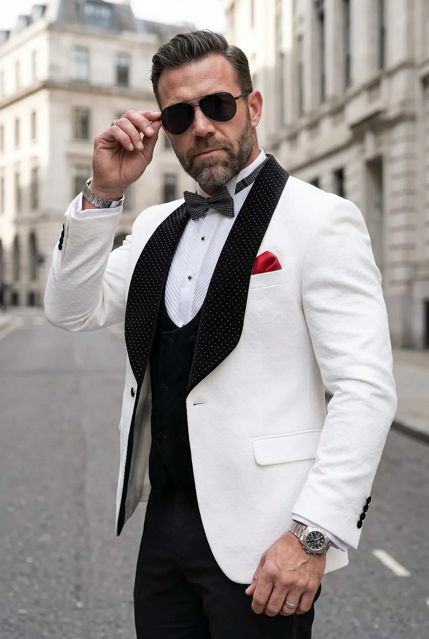 Glacier Masterpiece - White Jacquard Velvet 3-Piece Tuxedo