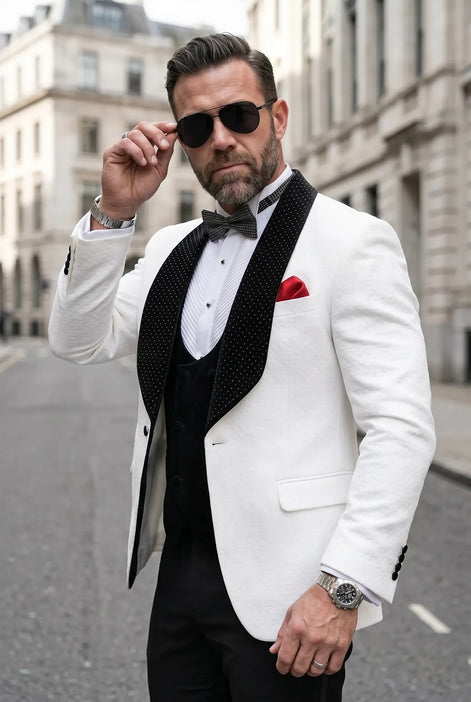 Glacier Masterpiece - White Jacquard Velvet 3-Piece Tuxedo