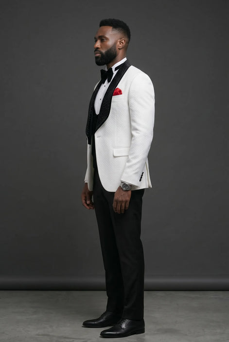 Glacier Masterpiece - White Jacquard Velvet 3-Piece Tuxedo