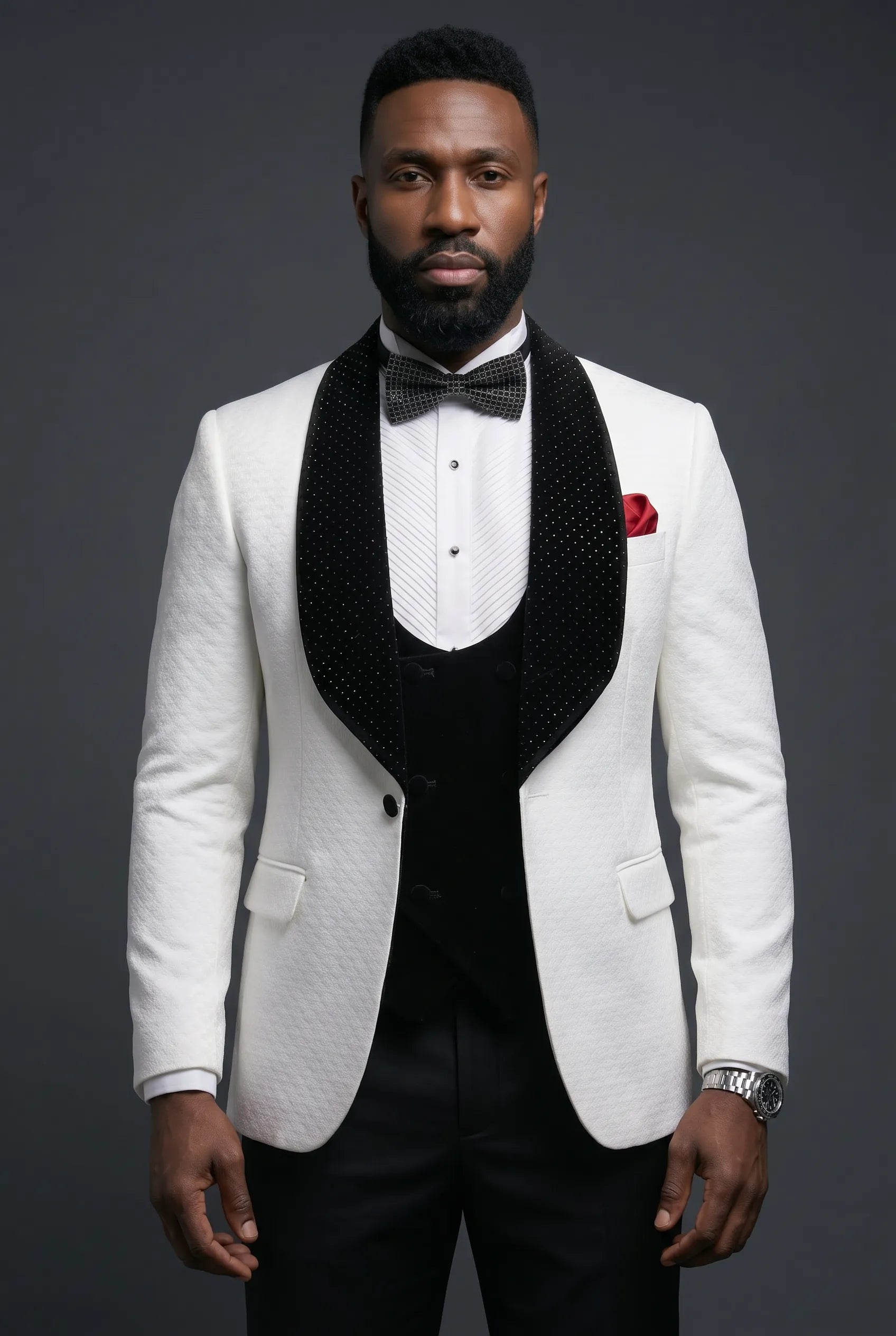 Glacier Masterpiece - White Jacquard Velvet 3-Piece Tuxedo