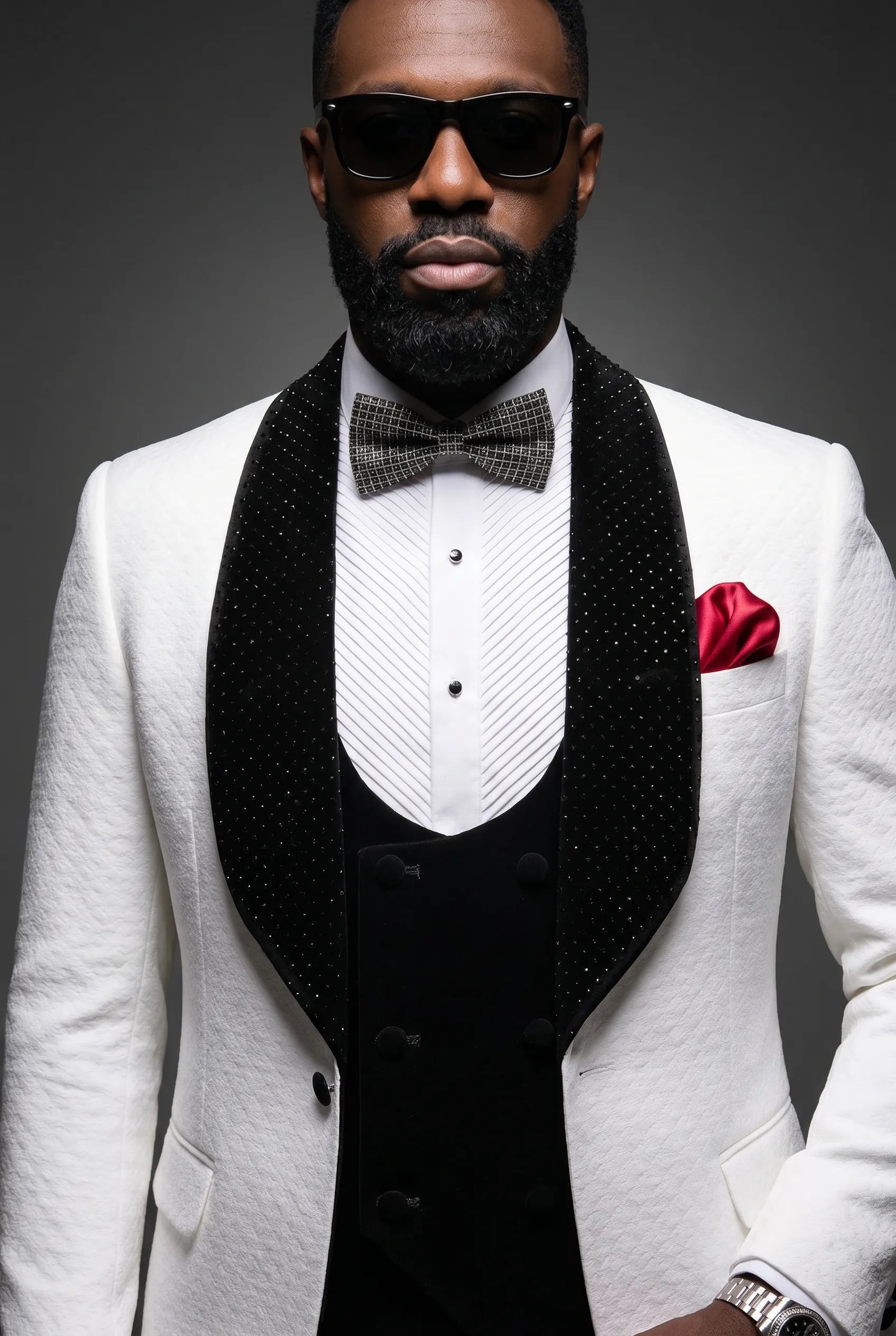 Glacier Masterpiece - White Jacquard Velvet 3-Piece Tuxedo