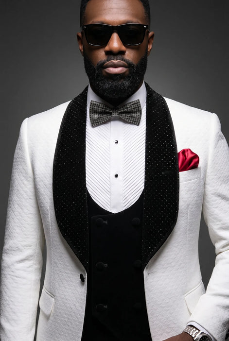 Glacier Masterpiece - White Jacquard Velvet 3-Piece Tuxedo