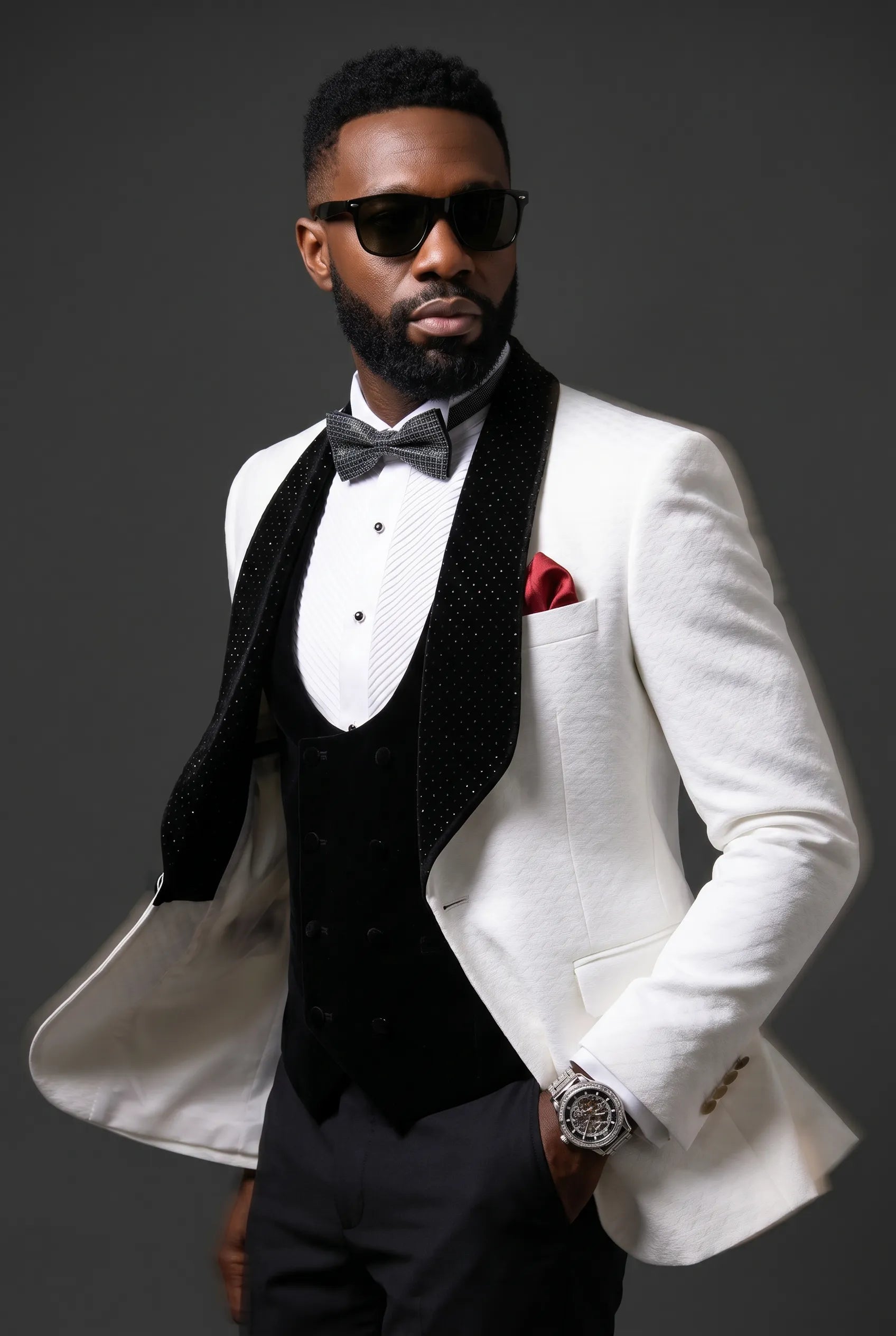 Glacier Masterpiece - White Jacquard Velvet 3-Piece Tuxedo