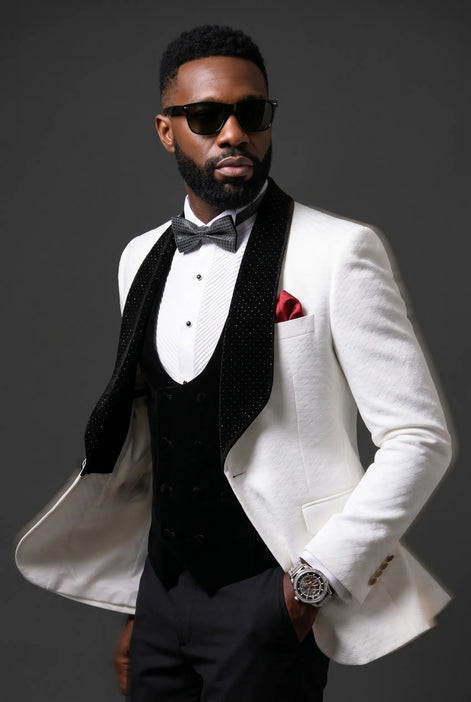 Glacier Masterpiece - White Jacquard Velvet 3-Piece Tuxedo