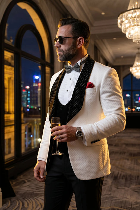 Glacier Masterpiece - White Jacquard Velvet 3-Piece Tuxedo