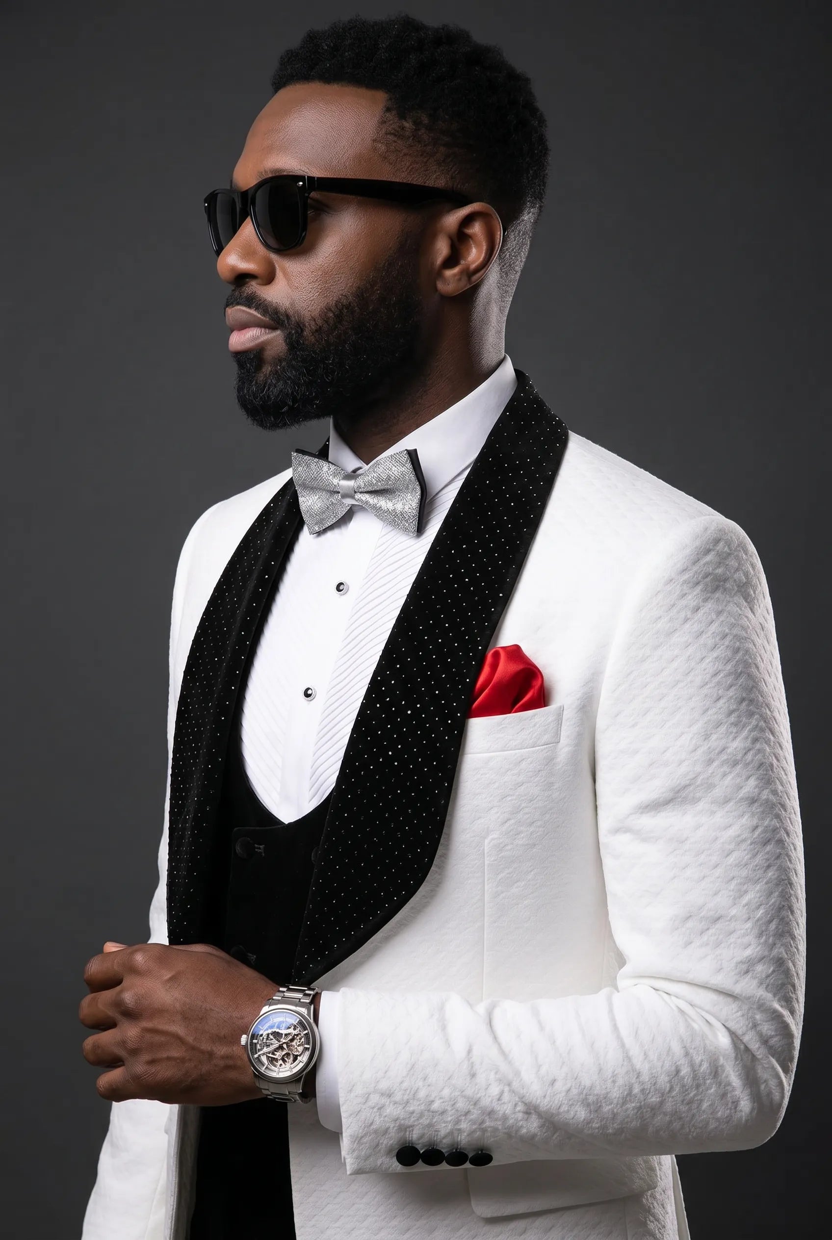 Glacier Masterpiece - White Jacquard Velvet 3-Piece Tuxedo