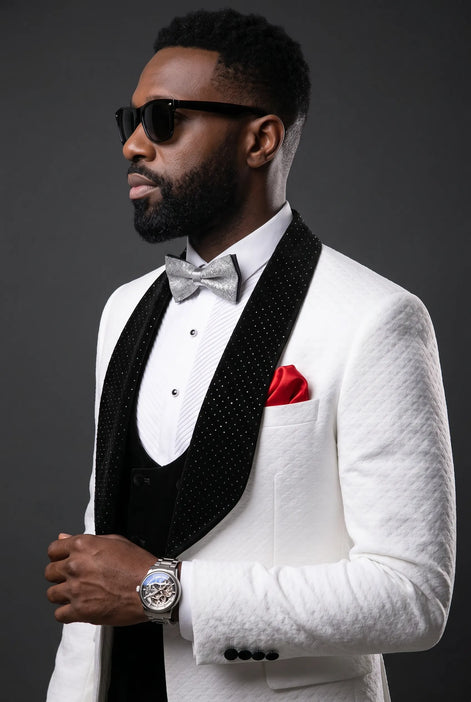 Glacier Masterpiece - White Jacquard Velvet 3-Piece Tuxedo