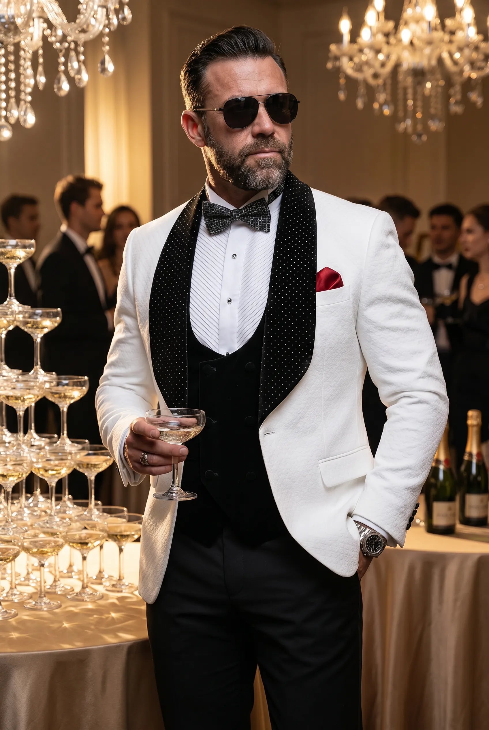 Glacier Masterpiece - White Jacquard Velvet 3-Piece Tuxedo