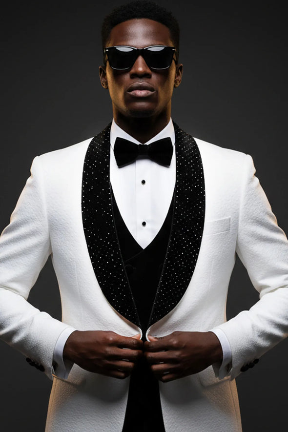 Alabaster Masterpiece - White Jacquard Velvet Peak Lapel 3-Piece Tuxedo - Nevo Suit™
