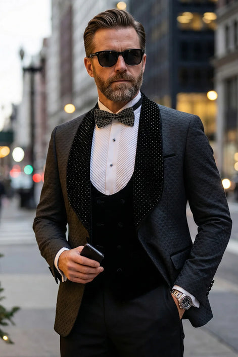 The Onyx Royale - Black 3D Jacquard & Velvet Contrast Tuxedo Set
