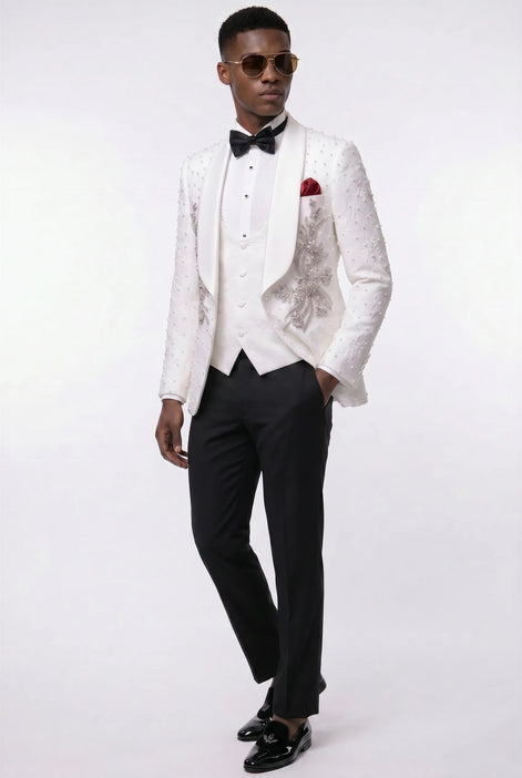 Pearl Symphony - White Pearl & Crystal Shawl 3-Piece Tuxedo