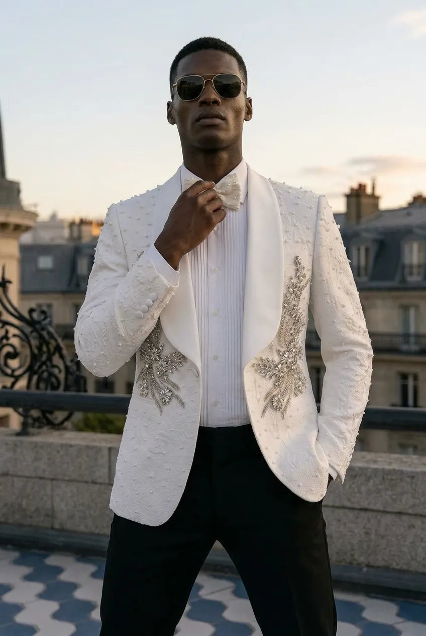 Pearl Symphony - White Pearl & Crystal Shawl 3-Piece Tuxedo - product image 7 | Nevo Suit