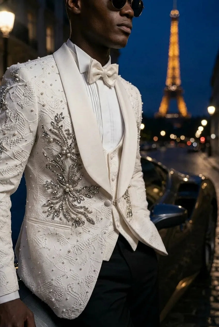 Pearl Symphony - White Pearl & Crystal Shawl 3-Piece Tuxedo - product image 2 | Nevo Suit