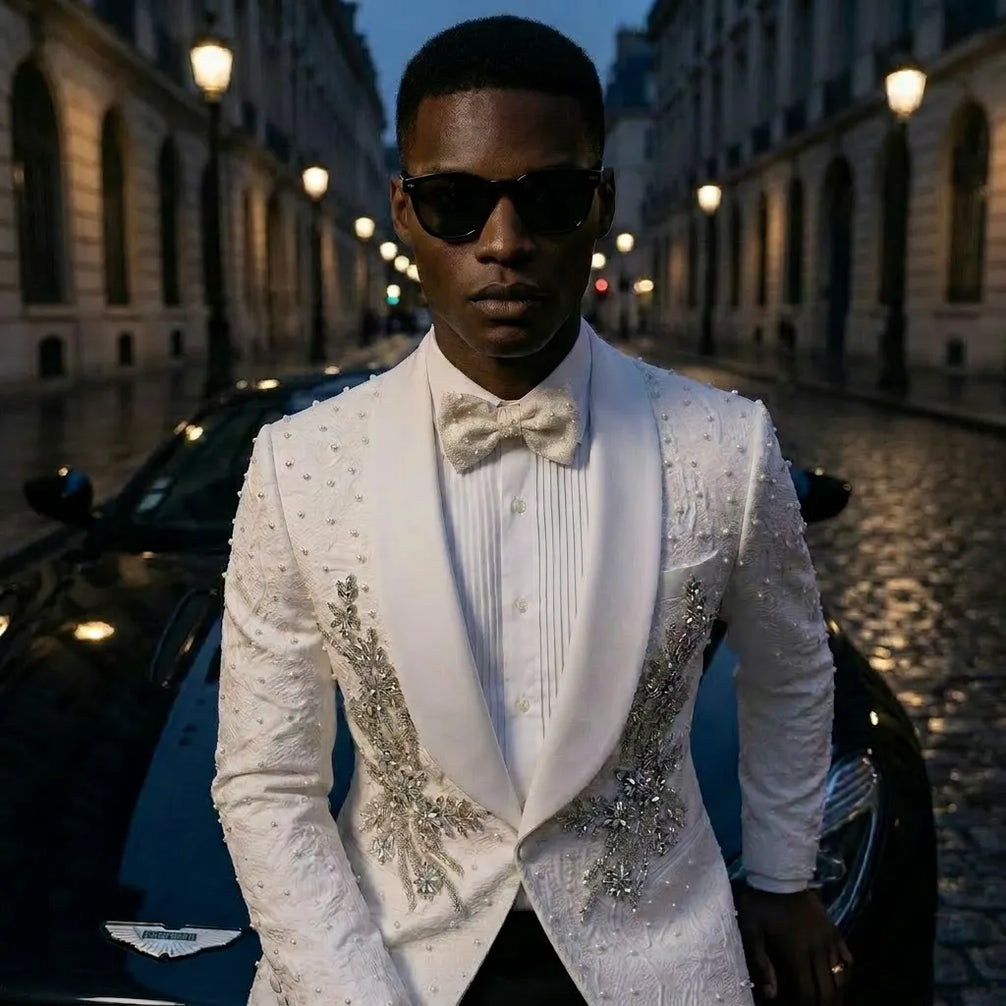 Pearl Symphony - White Pearl & Crystal Shawl 3-Piece Tuxedo - product image 3 | Nevo Suit