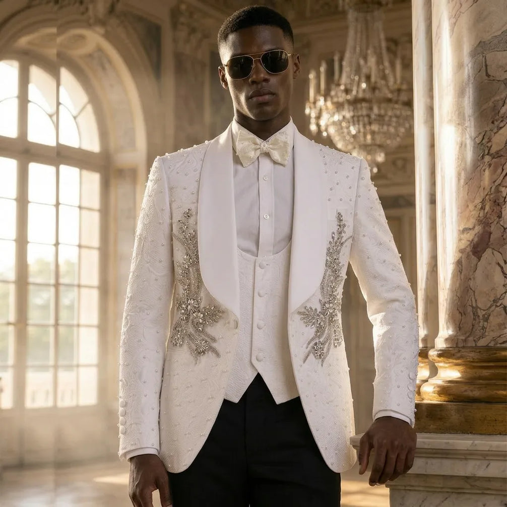 Pearl Symphony - White Pearl & Crystal Shawl 3-Piece Tuxedo - product image 13 | Nevo Suit