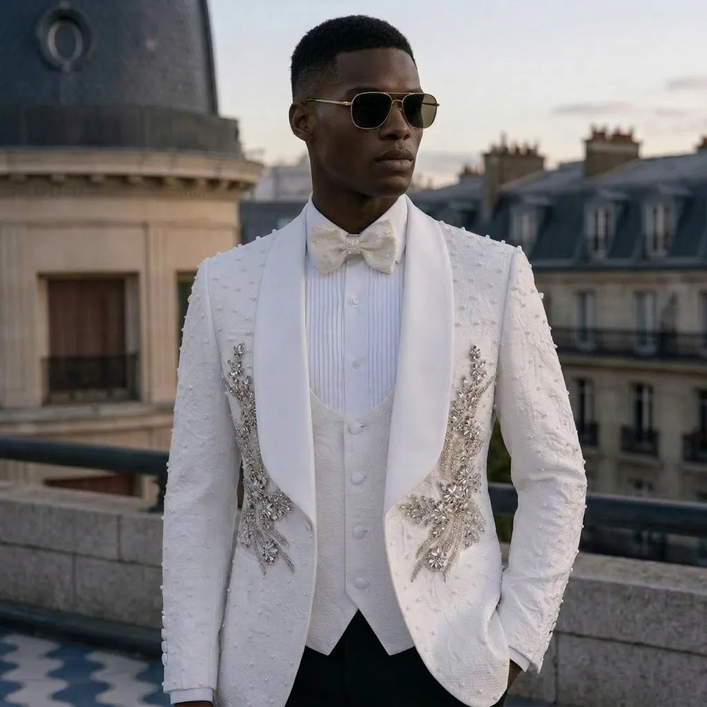 Pearl Symphony - White Pearl & Crystal Shawl 3-Piece Tuxedo - product image 6 | Nevo Suit