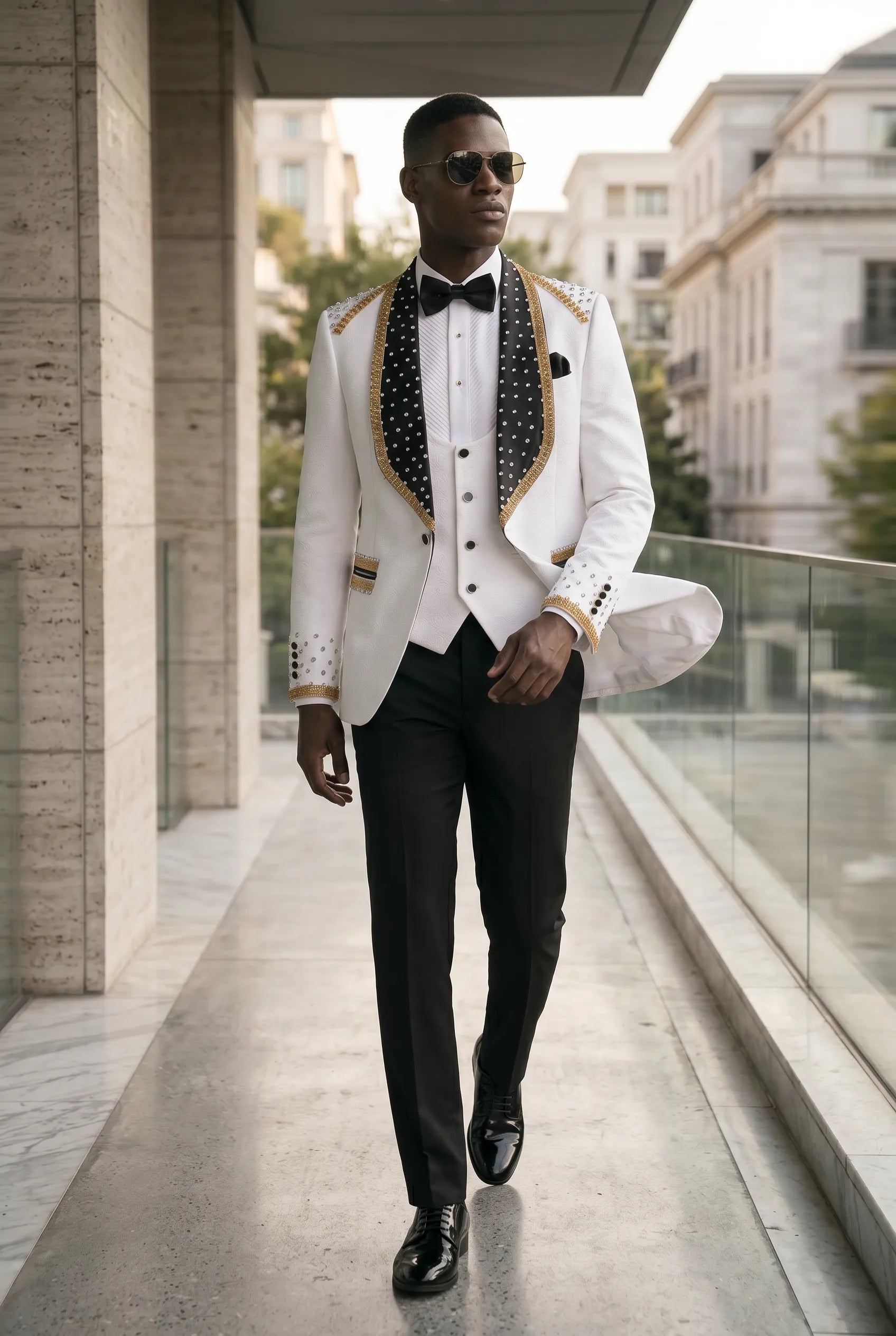 Platinum Imperial - White Gold Rose Jacquard Shawl 3-Piece Tuxedo
