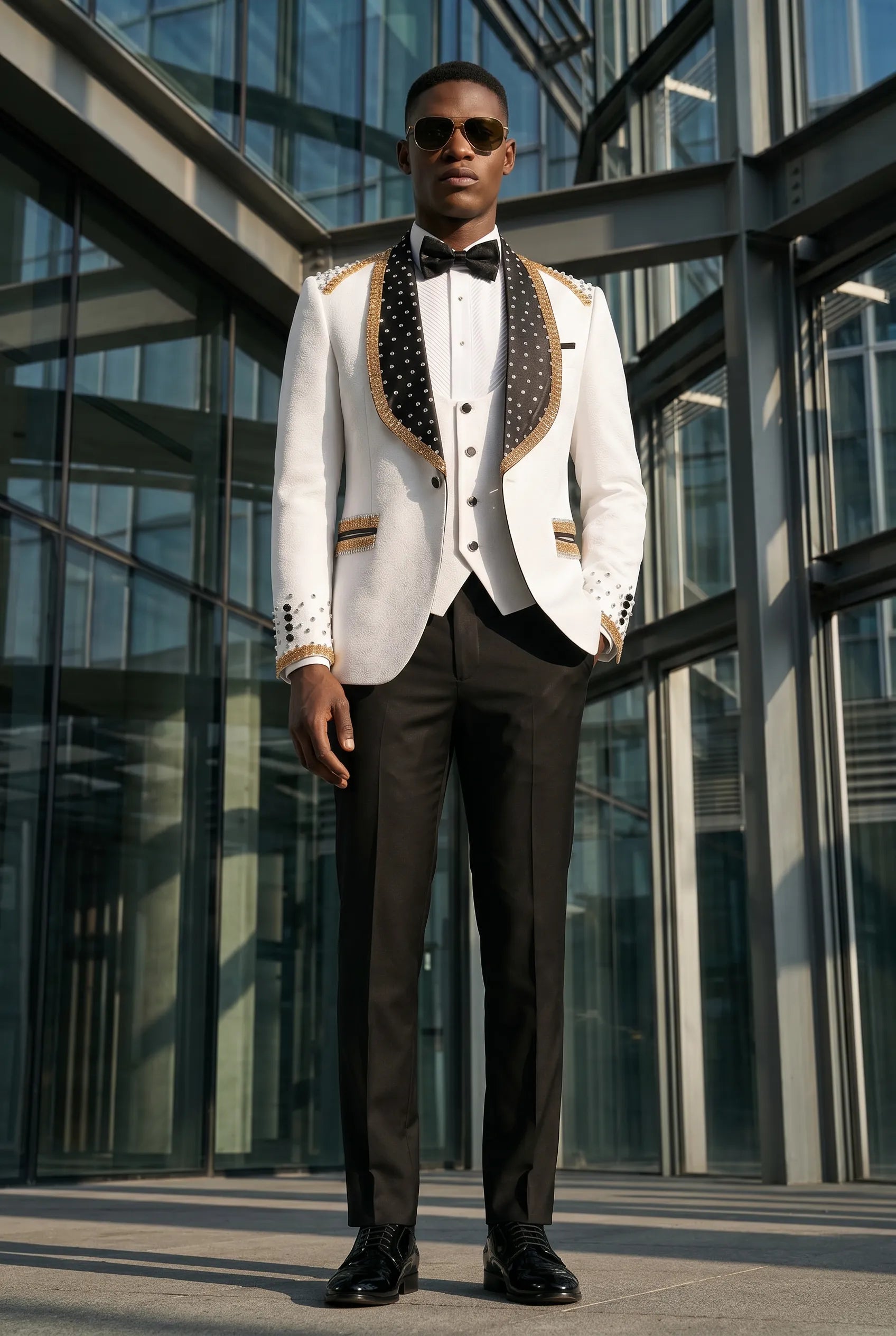 Platinum Imperial - White Gold Rose Jacquard Shawl 3-Piece Tuxedo