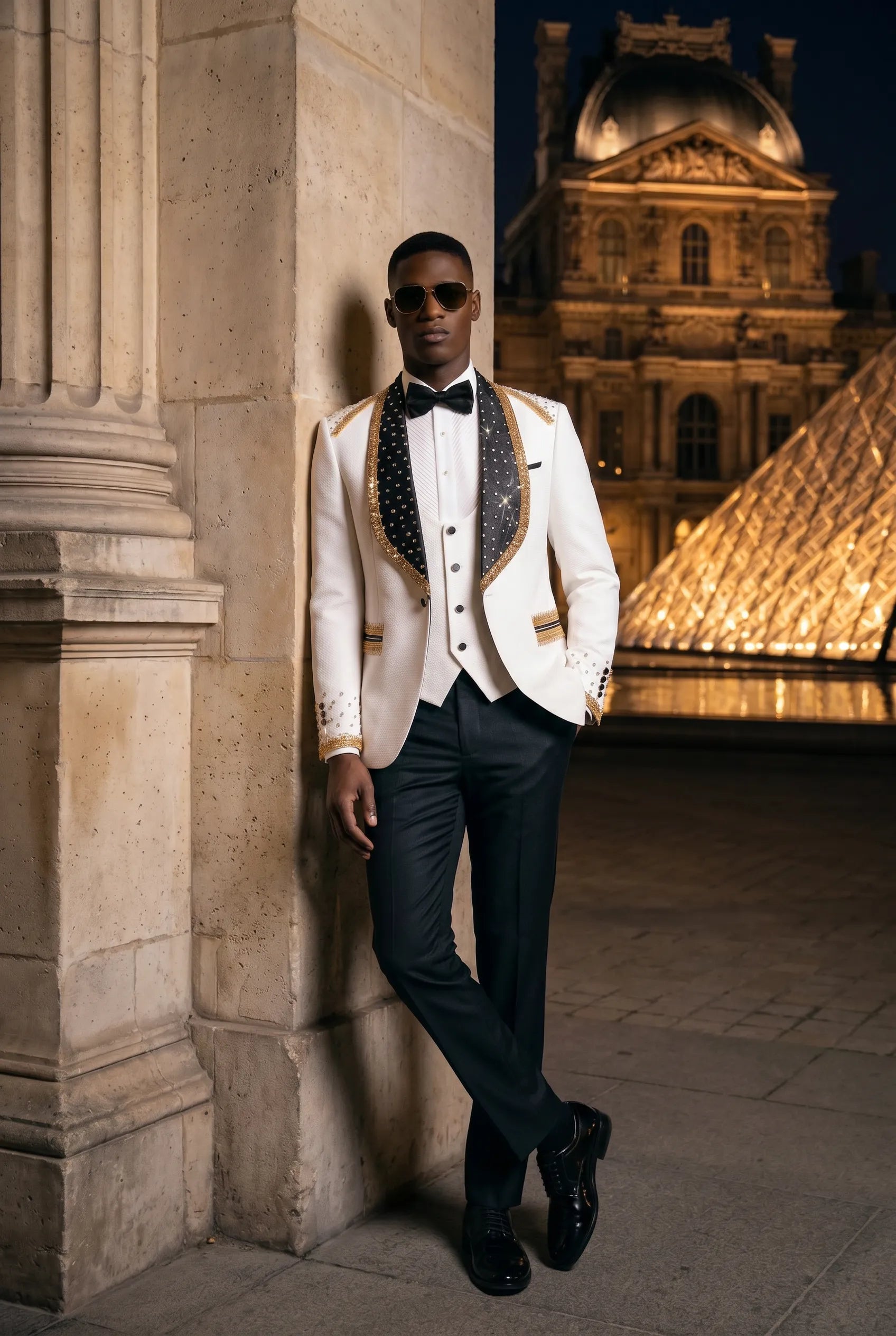 Platinum Imperial - White Gold Rose Jacquard Shawl 3-Piece Tuxedo