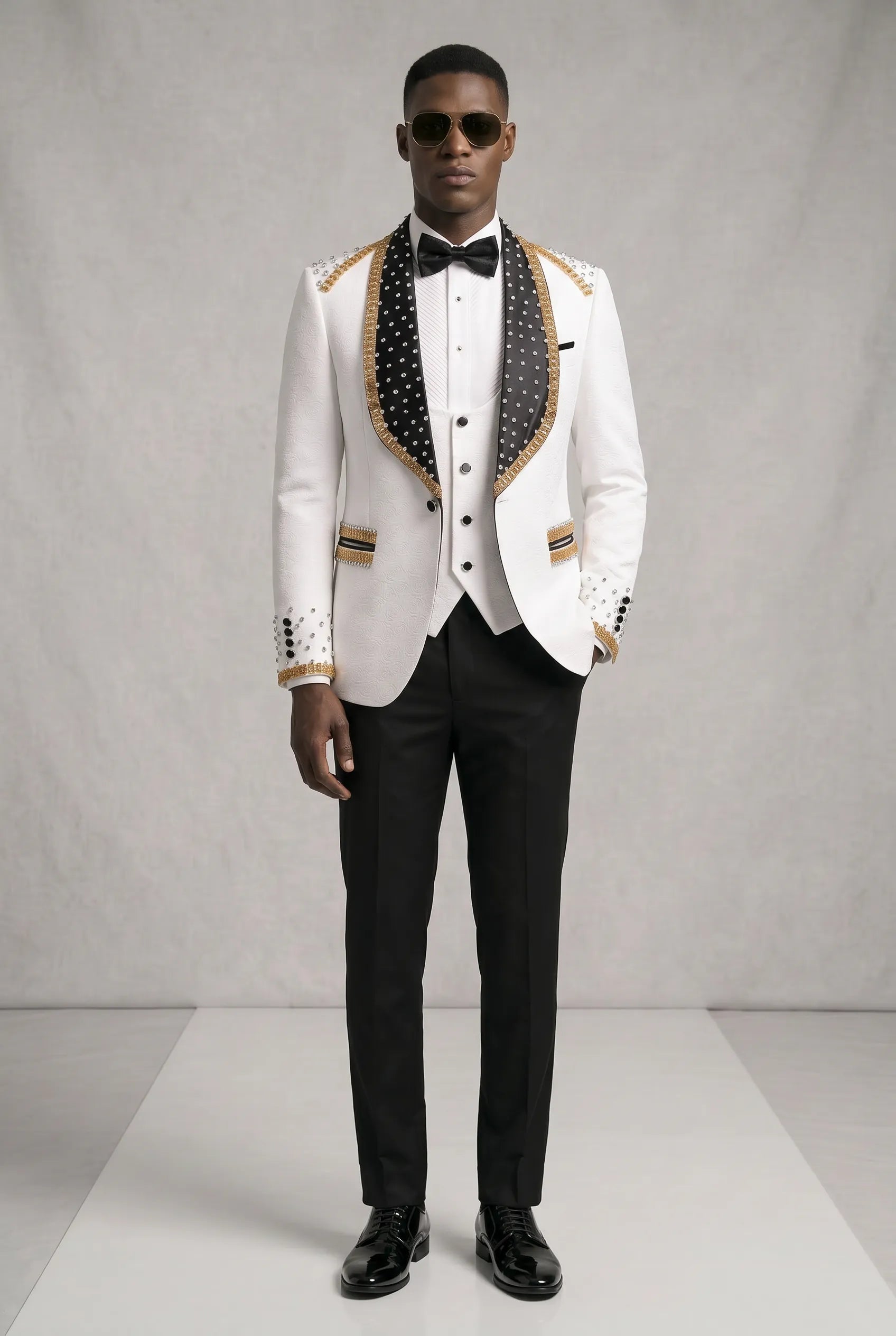 Platinum Imperial - White Gold Rose Jacquard Shawl 3-Piece Tuxedo