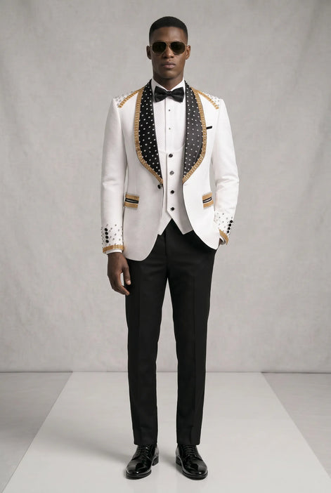 Platinum Imperial - White Gold Rose Jacquard Shawl 3-Piece Tuxedo