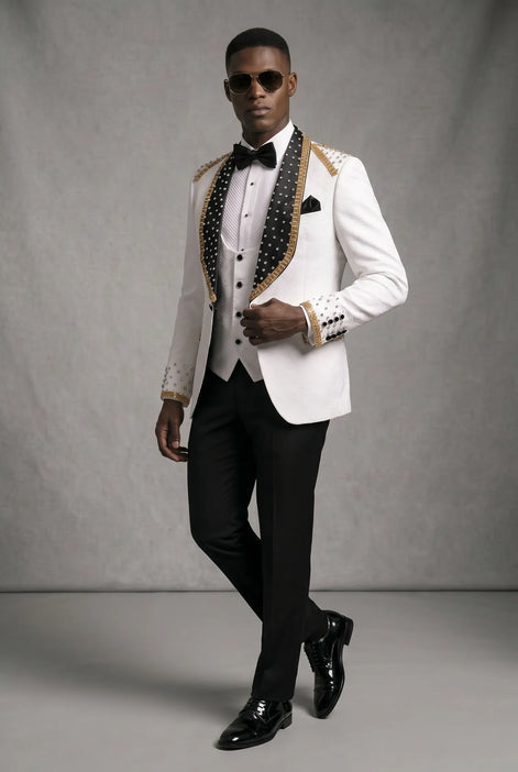 Platinum Imperial - White Gold Rose Jacquard Shawl 3-Piece Tuxedo