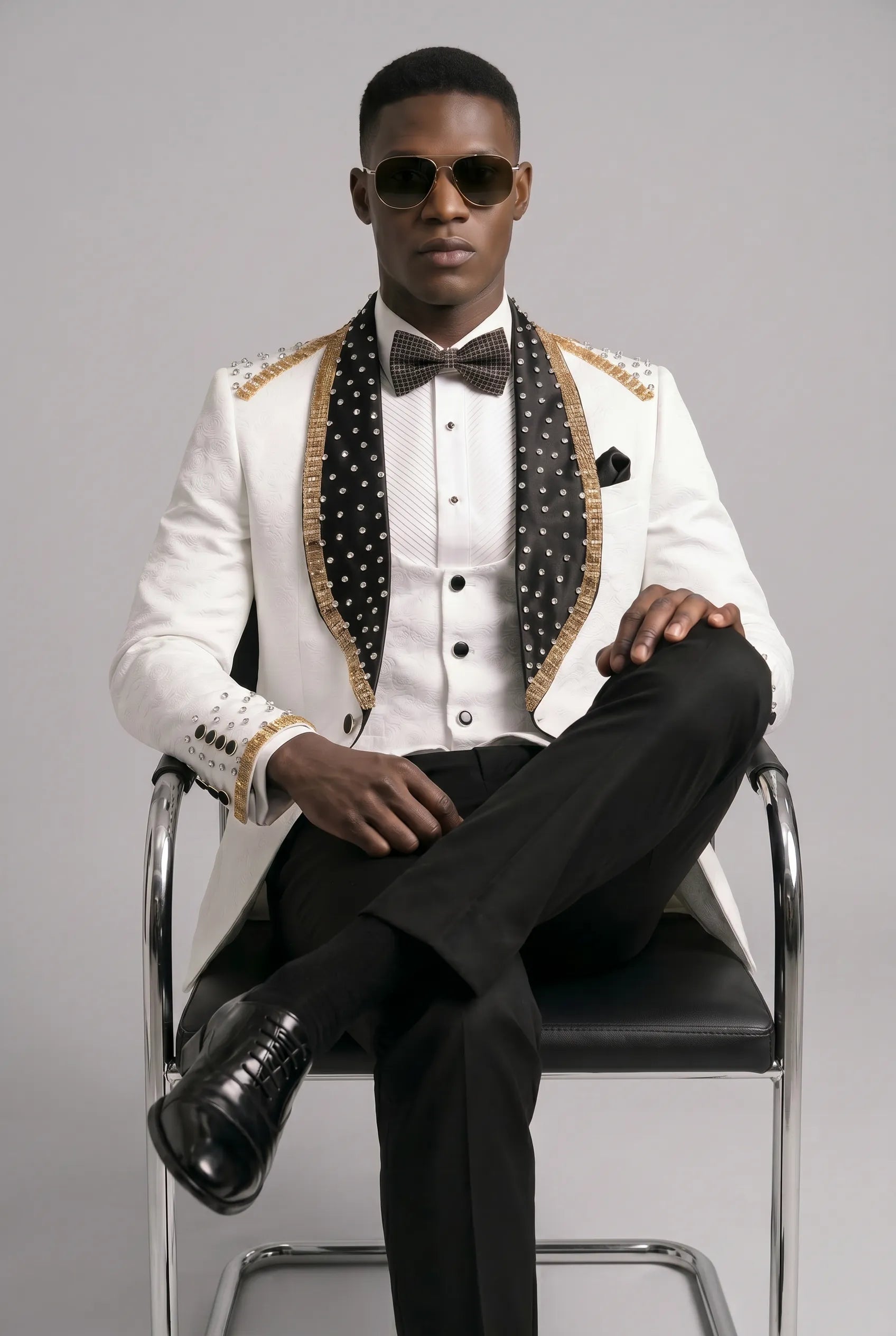 Platinum Imperial - White Gold Rose Jacquard Shawl 3-Piece Tuxedo