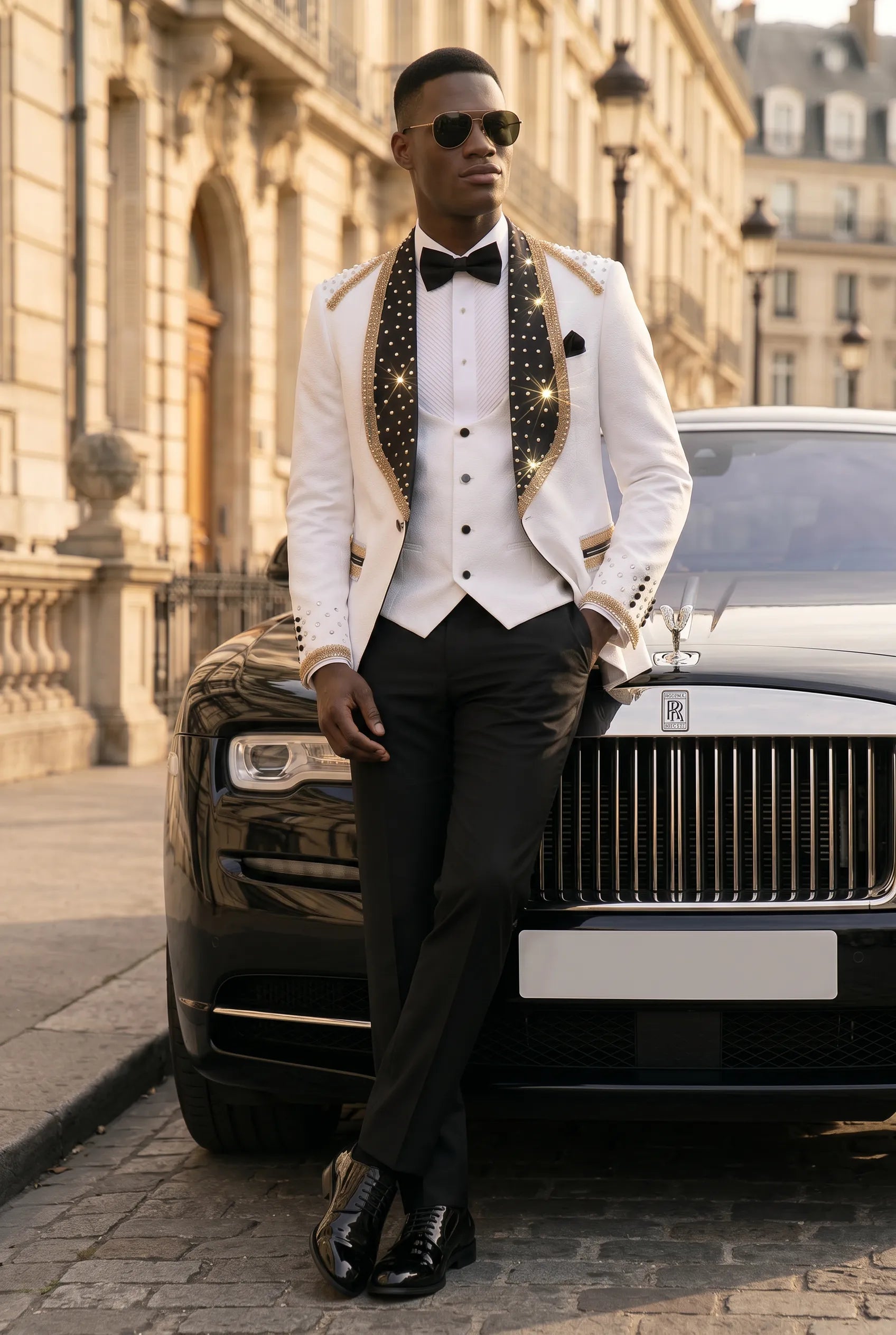 Platinum Imperial - White Gold Rose Jacquard Shawl 3-Piece Tuxedo