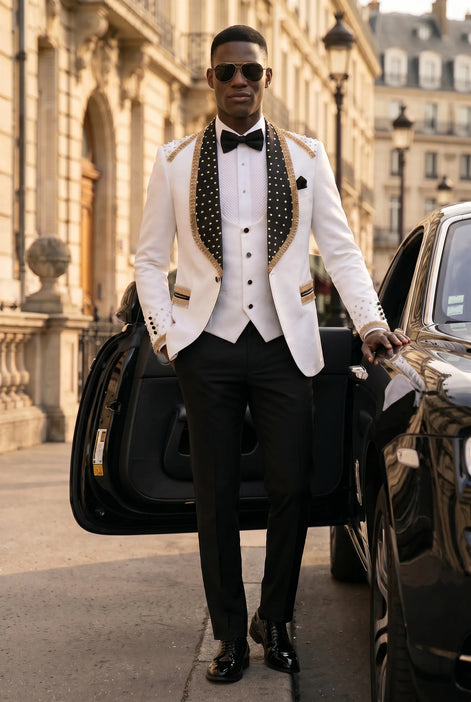 Platinum Imperial - White Gold Rose Jacquard Shawl 3-Piece Tuxedo