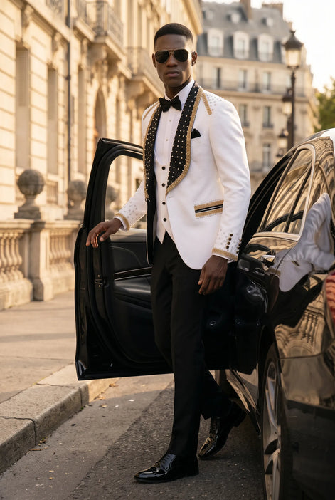 Platinum Imperial - White Gold Rose Jacquard Shawl 3-Piece Tuxedo