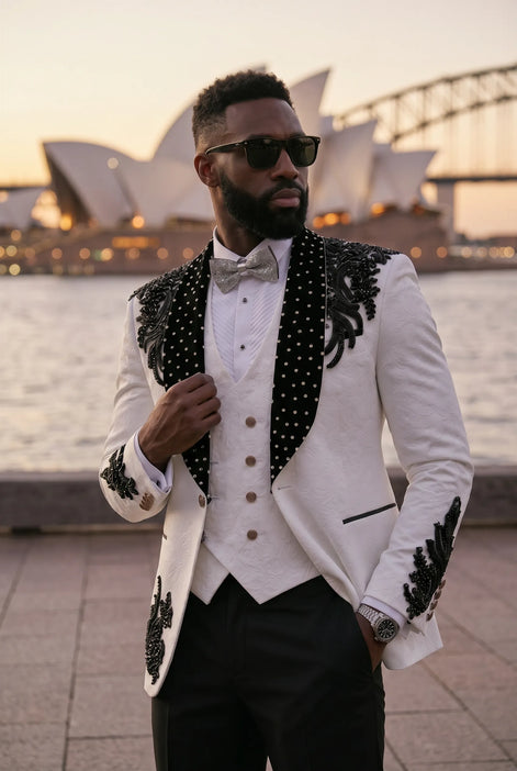 Arctic Vanguard - White & Black Wing Beaded 3-Piece Tuxedo