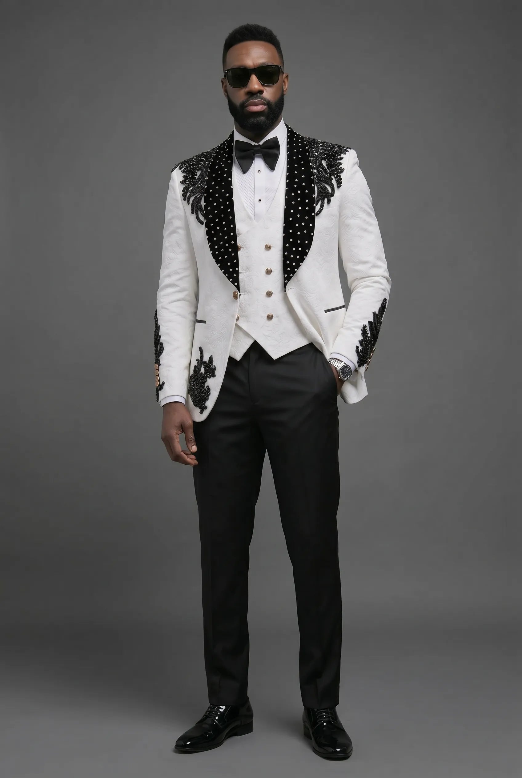 Arctic Vanguard - White & Black Wing Beaded 3-Piece Tuxedo