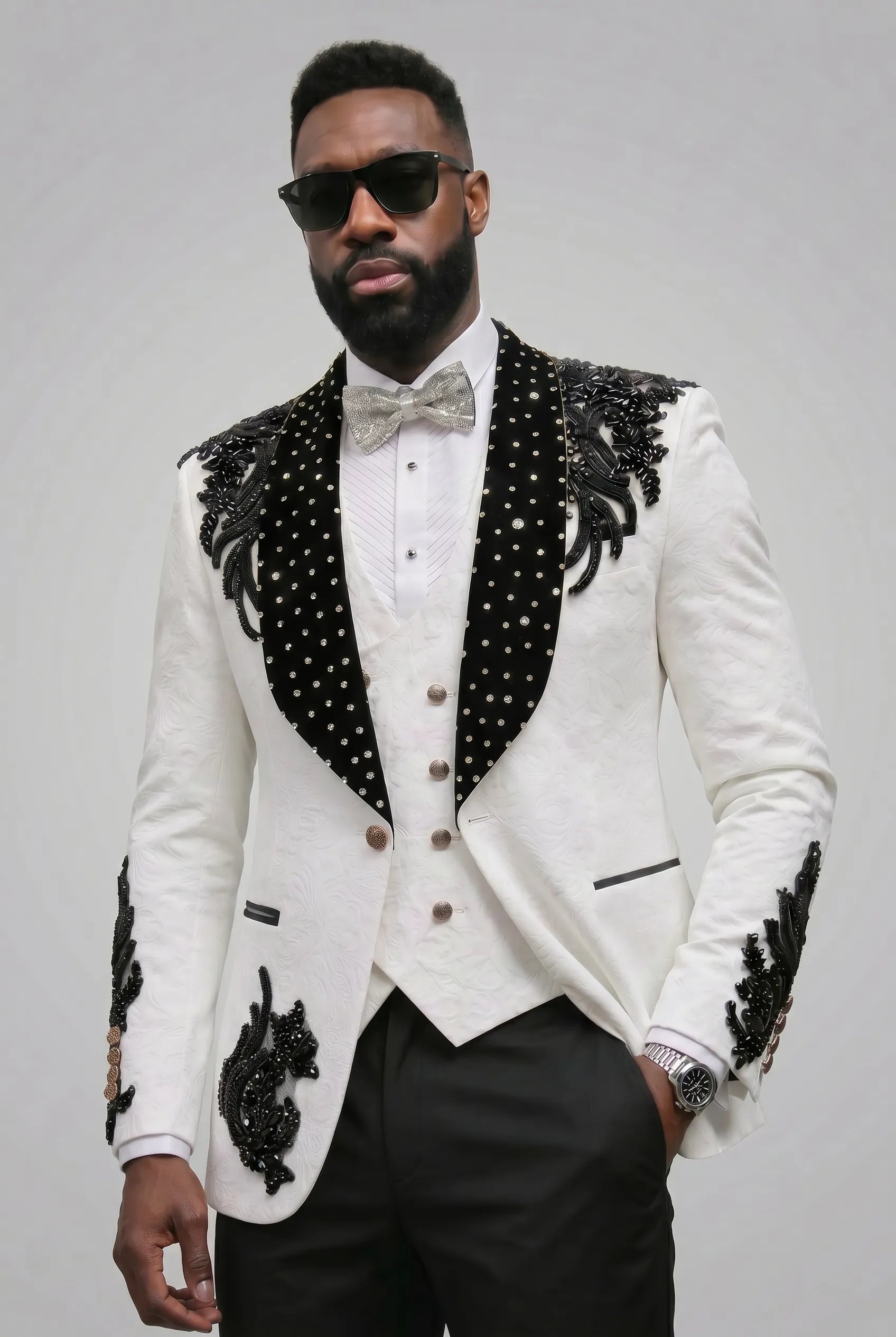 Arctic Vanguard - White & Black Wing Beaded 3-Piece Tuxedo