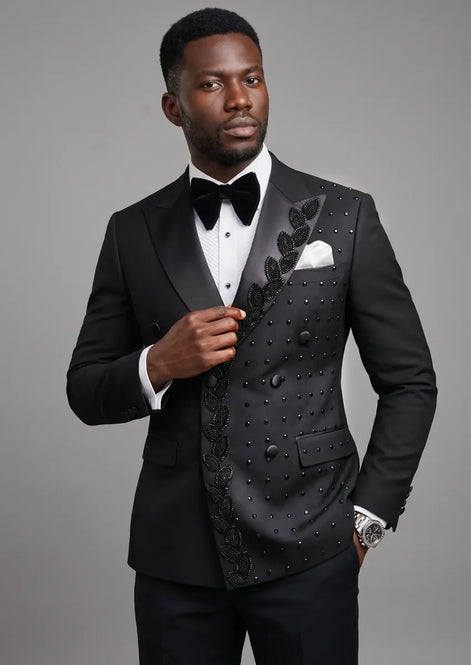 Phantom Cipher - Black Asymmetric Vine Beaded 2-Piece Tuxedo