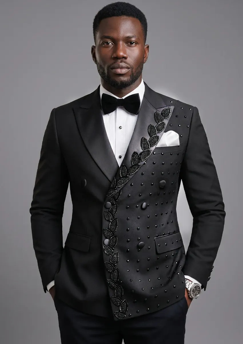 Phantom Cipher - Black Asymmetric Vine Beaded 2-Piece Tuxedo