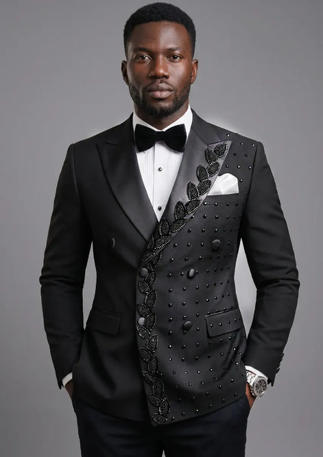 Phantom Cipher - Black Asymmetric Vine Beaded 2-Piece Tuxedo