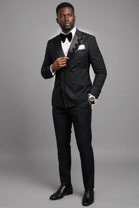 Phantom Cipher - Black Asymmetric Vine Beaded 2-Piece Tuxedo