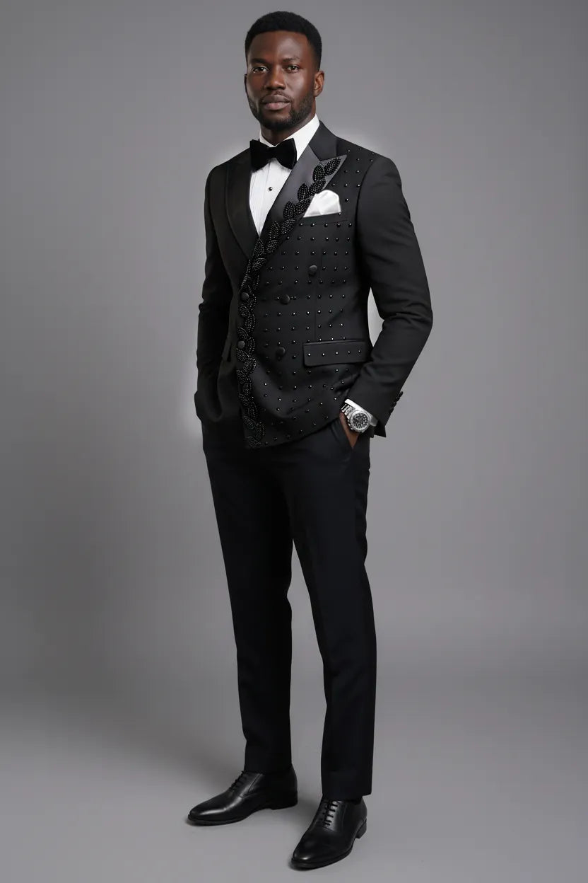 Phantom Cipher - Black Asymmetric Vine Beaded 2-Piece Tuxedo