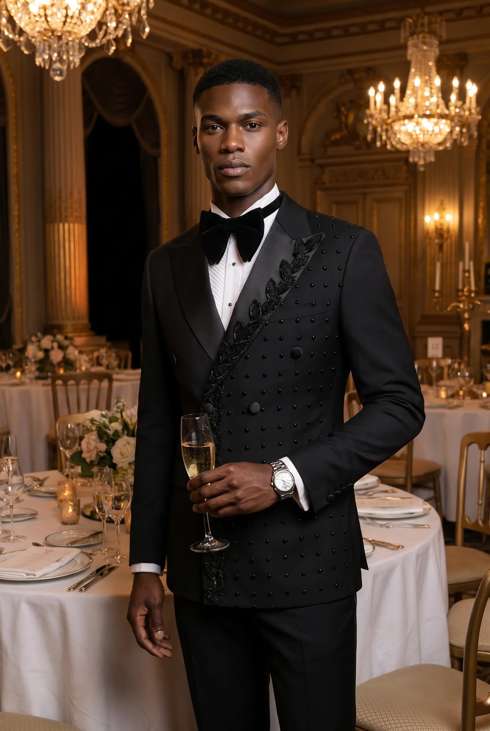 Phantom Cipher - Black Asymmetric Vine Beaded 2-Piece Tuxedo