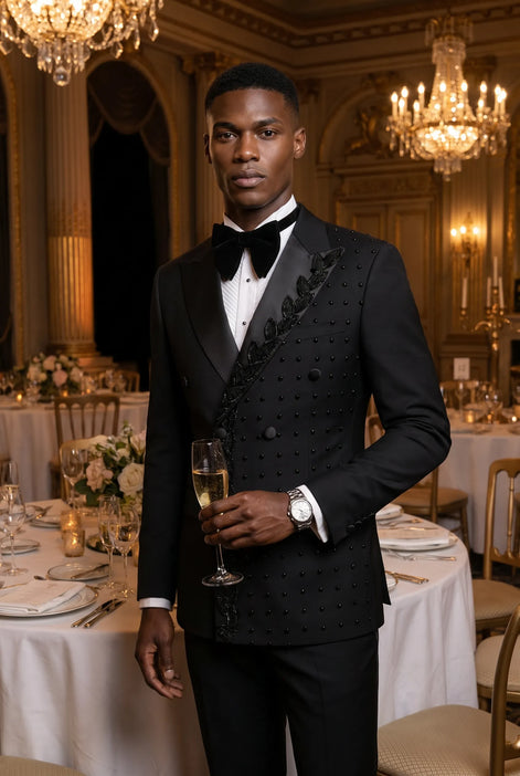 Phantom Cipher - Black Asymmetric Vine Beaded 2-Piece Tuxedo